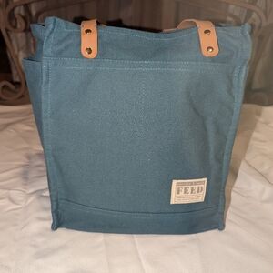 FEED Teal Canvas Tote Bag with Leather Handles and Wine Bottle Pockets